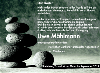 Traueranzeige von Uwe Mählmann von Darmstädter Echo, Odenwälder Echo, Rüsselsheimer Echo, Groß-Gerauer-Echo, Ried Echo