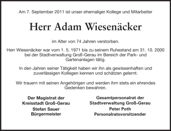 Traueranzeige von Adam Wiesenäcker von Rüsselsheimer Echo, Groß-Gerauer-Echo, Ried Echo