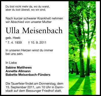 Traueranzeige von Ulla Meisenbach von Darmstädter Echo, Odenwälder Echo, Rüsselsheimer Echo, Groß-Gerauer-Echo, Ried Echo