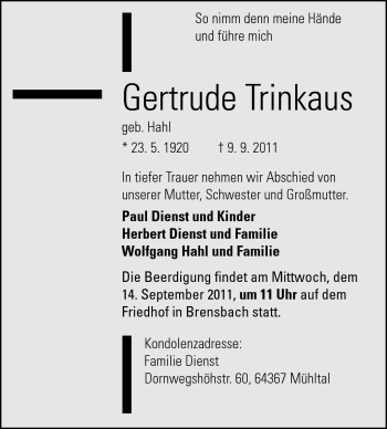 Traueranzeige von Gertrude Trinkaus von Odenwälder Echo