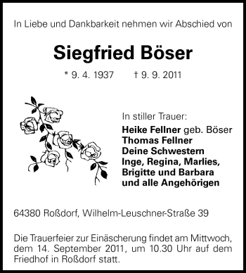 Traueranzeige von Siegfried Böser von Echo-Zeitungen (Gesamtausgabe)