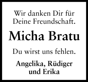 Traueranzeige von Micha Bratu von Echo-Zeitungen (Gesamtausgabe)
