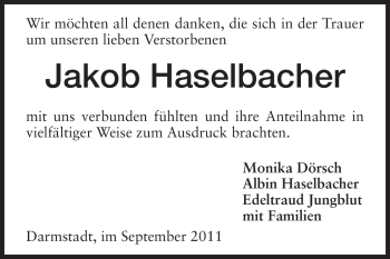 Traueranzeige von Jakob Haselbacher von Darmstädter Echo, Odenwälder Echo, Rüsselsheimer Echo, Groß-Gerauer-Echo, Ried Echo