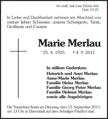 Traueranzeige von Marie Merlau von Echo-Zeitungen (Gesamtausgabe)