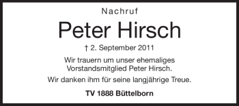 Traueranzeige von Peter Hirsch von Rüsselsheimer Echo, Groß-Gerauer-Echo, Ried Echo
