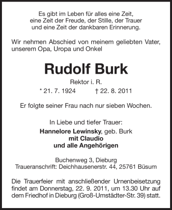 Traueranzeige von Rudolf Burk von Echo-Zeitungen (Gesamtausgabe)