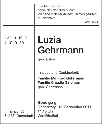 Traueranzeige von Luzia Gehrmann von Echo-Zeitungen (Gesamtausgabe)