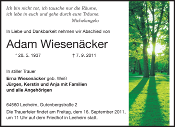 Traueranzeige von Adam Wiesenäcker von Rüsselsheimer Echo, Groß-Gerauer-Echo, Ried Echo