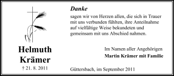 Traueranzeige von Helmuth Krämer von Odenwälder Echo