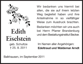 Traueranzeige von Edith Eiselstein von Echo-Zeitungen (Gesamtausgabe)