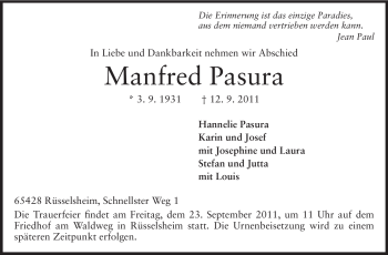 Traueranzeige von Manfred Pasura von Rüsselsheimer Echo, Groß-Gerauer-Echo, Ried Echo