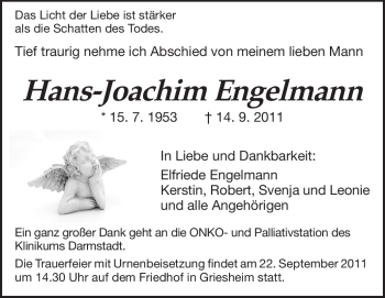 Traueranzeige von Hans-Joachim Engelmann von Darmstädter Echo, Odenwälder Echo, Rüsselsheimer Echo, Groß-Gerauer-Echo, Ried Echo