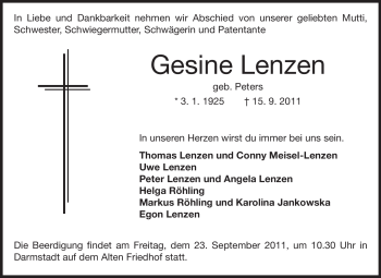Traueranzeige von Gesine Lenzen von Echo-Zeitungen (Gesamtausgabe)