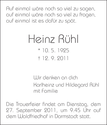Traueranzeige von Heinz Rühl von Echo-Zeitungen (Gesamtausgabe)