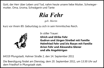 Traueranzeige von Ria Fehr von Echo-Zeitungen (Gesamtausgabe)