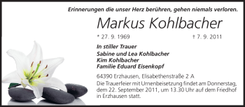 Traueranzeige von Markus Kohlbacher von Echo-Zeitungen (Gesamtausgabe)