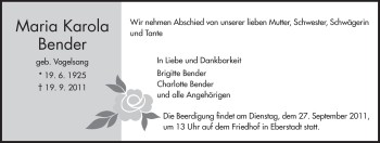 Traueranzeige von Maria Karola Bender von Echo-Zeitungen (Gesamtausgabe)