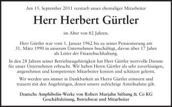Traueranzeige von Herbert Gürtler von Echo-Zeitungen (Gesamtausgabe)