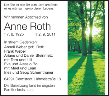 Traueranzeige von Anne Roth von Darmstädter Echo, Odenwälder Echo, Rüsselsheimer Echo, Groß-Gerauer-Echo, Ried Echo