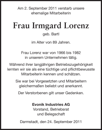 Traueranzeige von Irmgard Lorenz von Echo-Zeitungen (Gesamtausgabe)