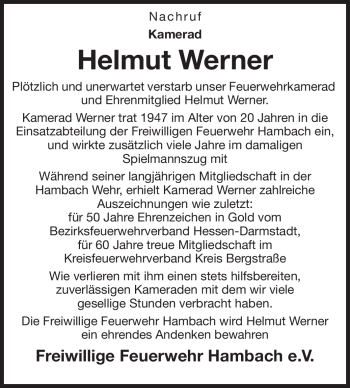 Traueranzeige von Werner Helmut von Starkenburger Echo