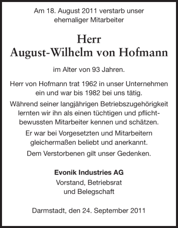 Traueranzeige von August-Wilhelm von Hofmann  von Echo-Zeitungen (Gesamtausgabe)
