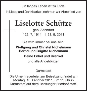 Traueranzeige von Liselotte Schütze von Echo-Zeitungen (Gesamtausgabe)