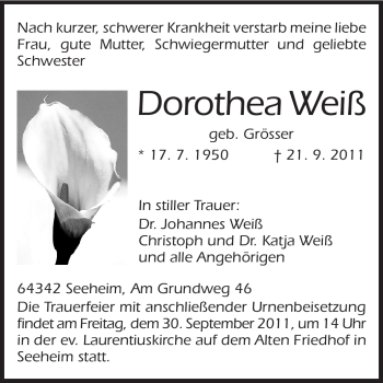 Traueranzeige von Dorothea Weiß von Echo-Zeitungen (Gesamtausgabe)