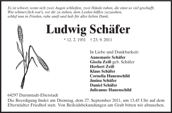 Traueranzeige von Ludwig Schäfer von Echo-Zeitungen (Gesamtausgabe)