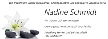 Traueranzeige von Nadine Schmidt von Darmstädter Echo, Odenwälder Echo, Rüsselsheimer Echo, Groß-Gerauer-Echo, Ried Echo