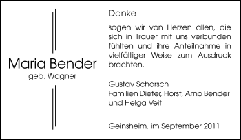 Traueranzeige von Maria Bender von Rüsselsheimer Echo, Groß-Gerauer-Echo, Ried Echo