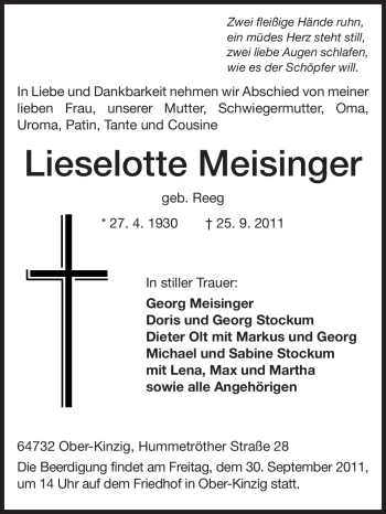 Traueranzeige von Lieselotte Meisinger von Odenwälder Echo