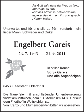 Traueranzeige von Engelbert Gareis von Rüsselsheimer Echo, Groß-Gerauer-Echo, Ried Echo