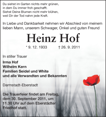 Traueranzeige von Heinz Hof von Echo-Zeitungen (Gesamtausgabe)