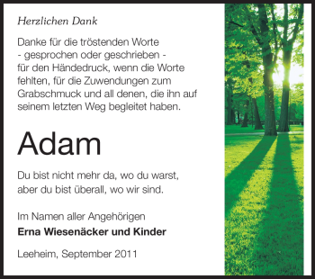 Traueranzeige von Adam Wiesenäcker von Rüsselsheimer Echo, Groß-Gerauer-Echo, Ried Echo