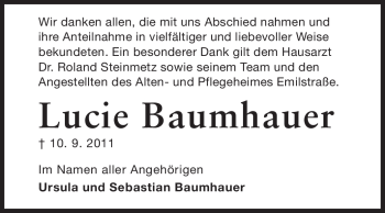 Traueranzeige von Lucie Baumhauer von Darmstädter Echo, Odenwälder Echo, Rüsselsheimer Echo, Groß-Gerauer-Echo, Ried Echo