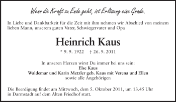Traueranzeige von Heinrich Kaus von Darmstädter Echo, Odenwälder Echo, Rüsselsheimer Echo, Groß-Gerauer-Echo, Ried Echo