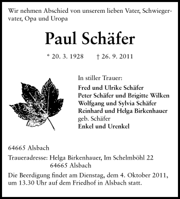 Traueranzeige von Paul Schäfer von Echo-Zeitungen (Gesamtausgabe)