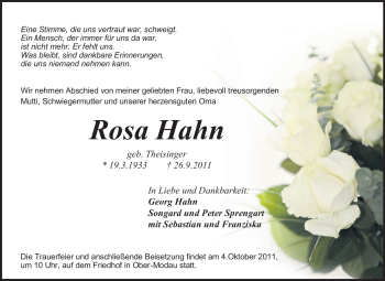 Traueranzeige von Rosa Hahn von Echo-Zeitungen (Gesamtausgabe)