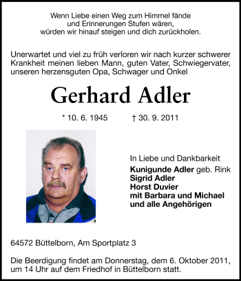 Traueranzeige von Gerhard Adler von Rüsselsheimer Echo, Groß-Gerauer-Echo, Ried Echo