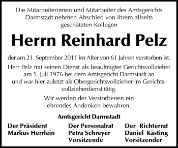 Traueranzeige von Reinhard Pelz von Darmstädter Echo, Odenwälder Echo, Rüsselsheimer Echo, Groß-Gerauer-Echo, Ried Echo