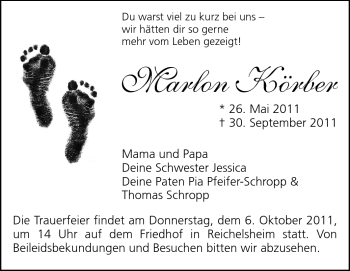 Traueranzeige von Marlon Körber von Odenwälder Echo