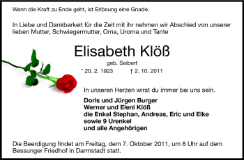 Traueranzeige von Elisabeth Klöß von Echo-Zeitungen (Gesamtausgabe)