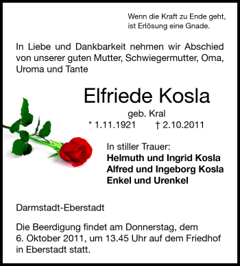 Traueranzeige von Elfriede Kosla von Echo-Zeitungen (Gesamtausgabe)