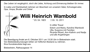 Traueranzeige von Willi Heinrich Wambold von Rüsselsheimer Echo, Groß-Gerauer-Echo, Ried Echo