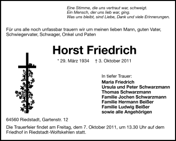 Traueranzeige von Horst Friedrich von Rüsselsheimer Echo, Groß-Gerauer-Echo, Ried Echo
