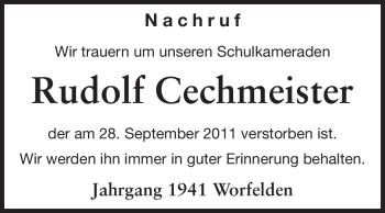 Traueranzeige von Rudolf Cechmeister von Rüsselsheimer Echo, Groß-Gerauer-Echo, Ried Echo