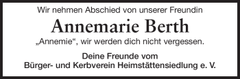 Traueranzeige von Annemie Berth von Echo-Zeitungen (Gesamtausgabe)