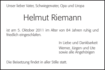 Traueranzeige von Helmut Riemann von Darmstädter Echo, Odenwälder Echo, Rüsselsheimer Echo, Groß-Gerauer-Echo, Ried Echo