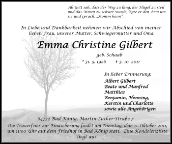 Traueranzeige von Emma Christine Gilbert von Echo-Zeitungen (Gesamtausgabe)